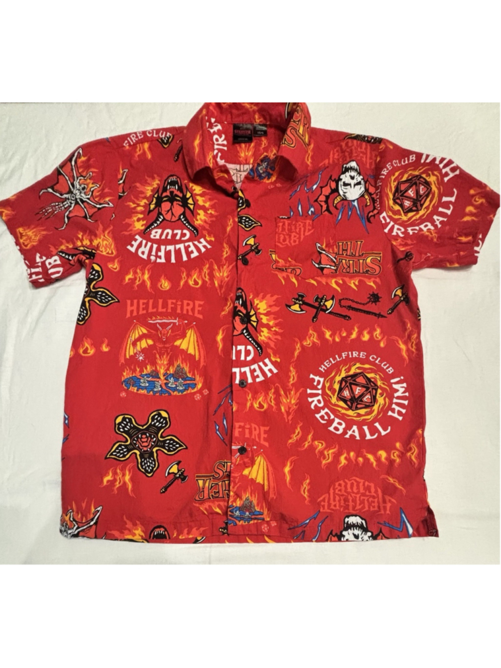 Stranger Things Hellfire Club Men’s Large Red Button Up Shirt Fireball